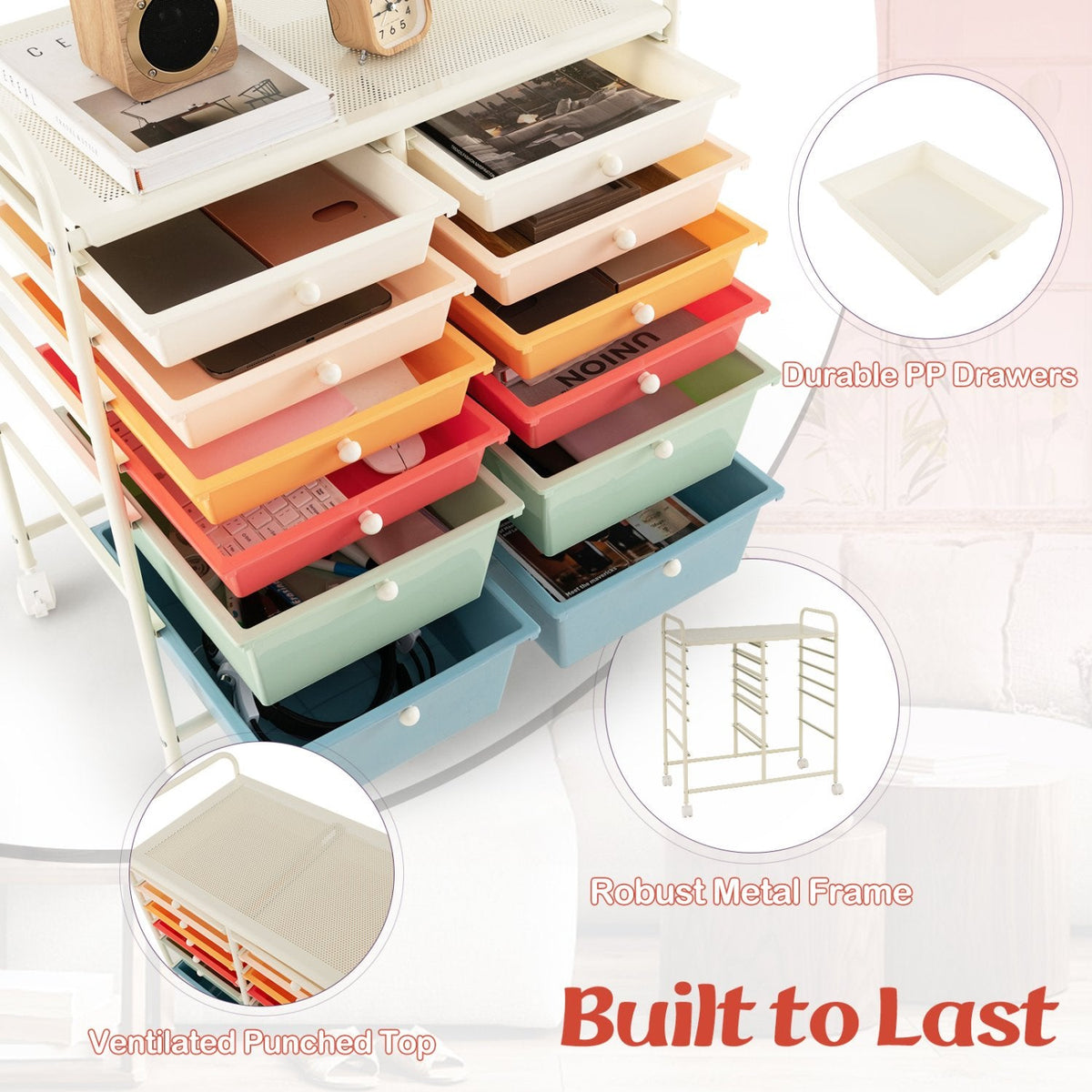 12 Drawers Rolling Cart Storage Scrapbook Paper Organizer Bins-Deep Multicolor