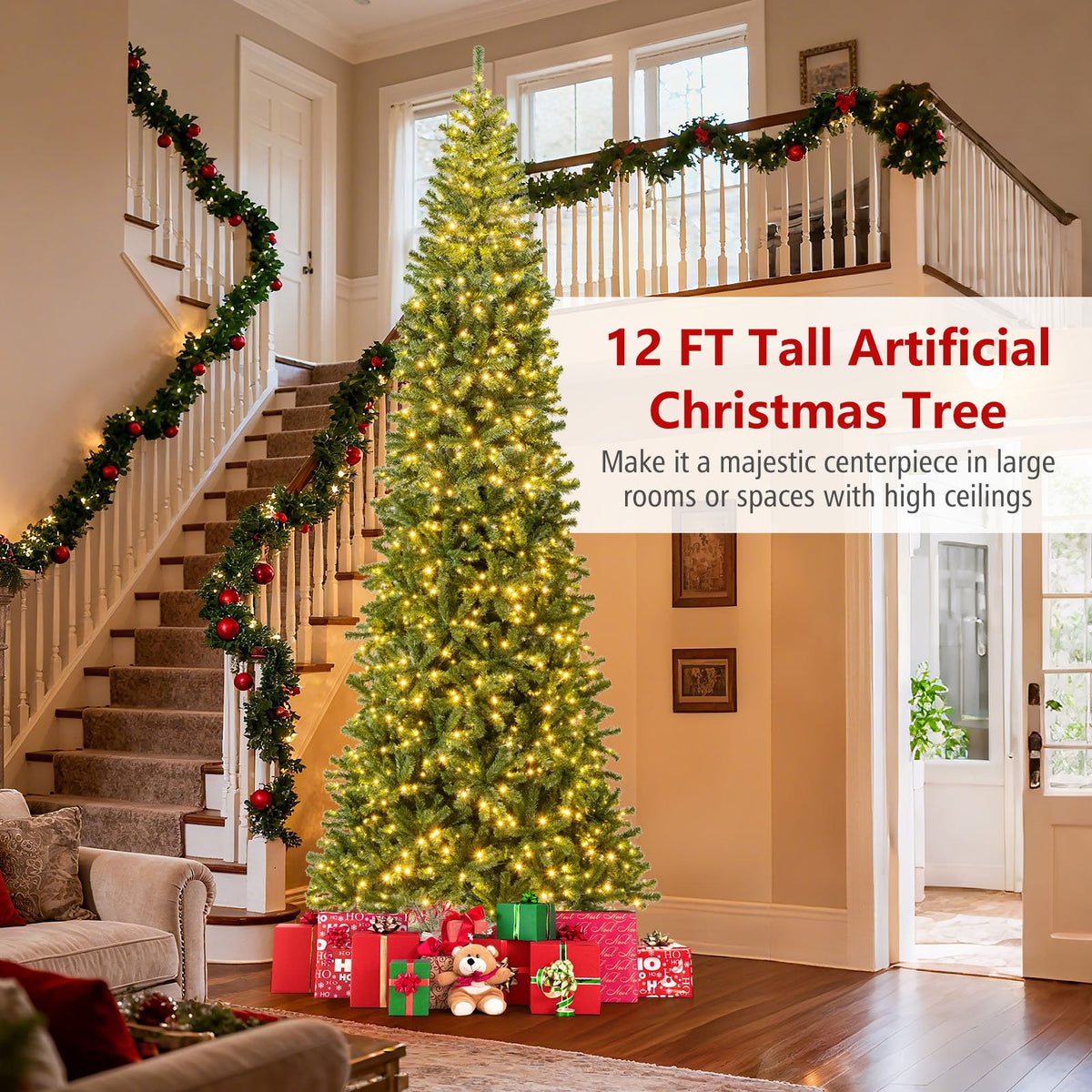 12 FT Pre-Lit Hinged Artificial Christmas Tree, 2536 PVC Tips and 1030 Warm White LED Lights