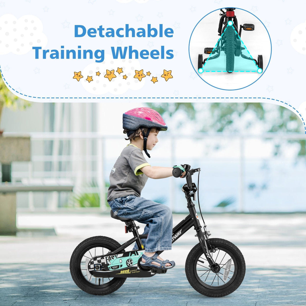 12 Inch Kids Bike with Low Step Frame and Removable Training Wheels, Black