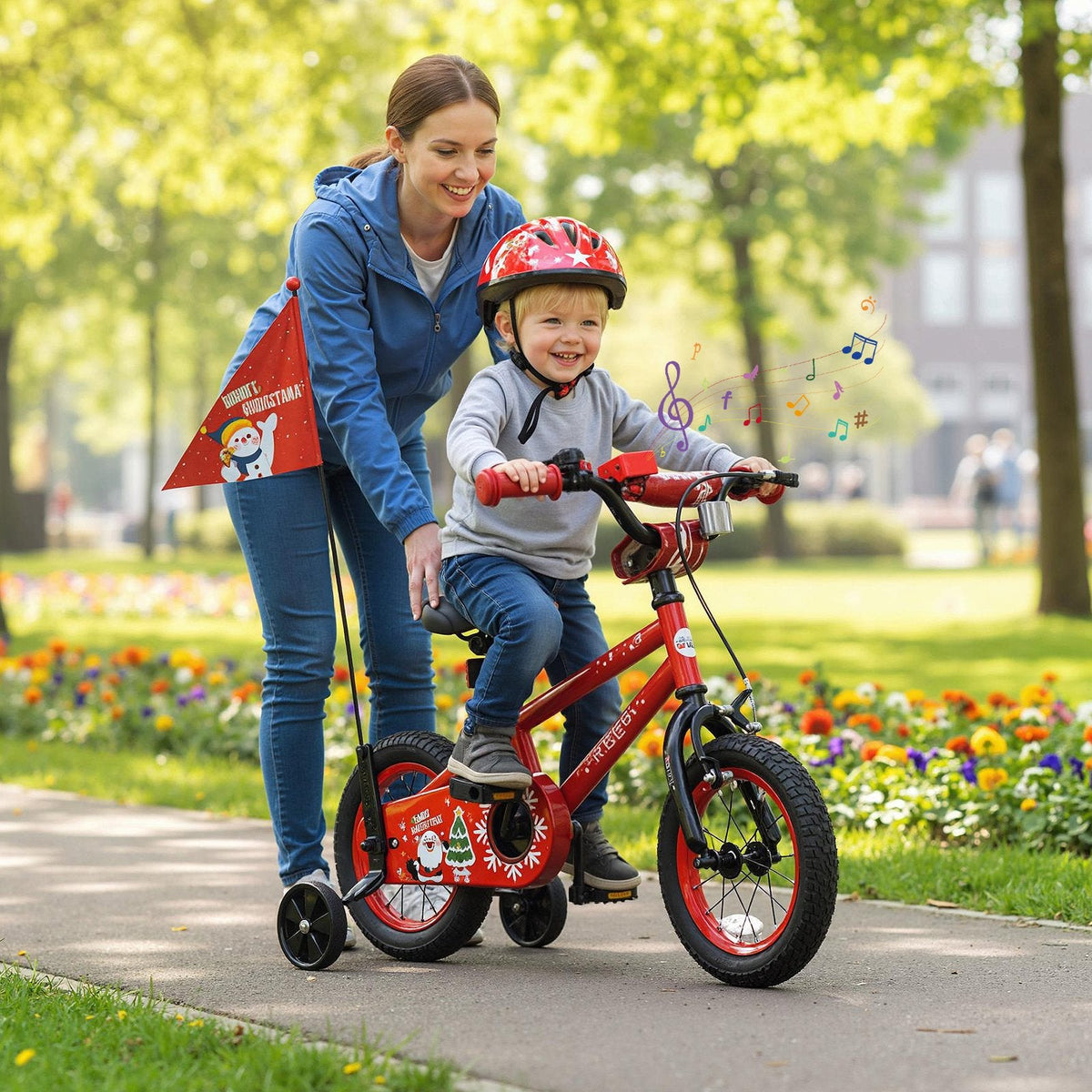 12 Inch Kids Bike with Front V Brake, Speaker and Training Wheels, Red