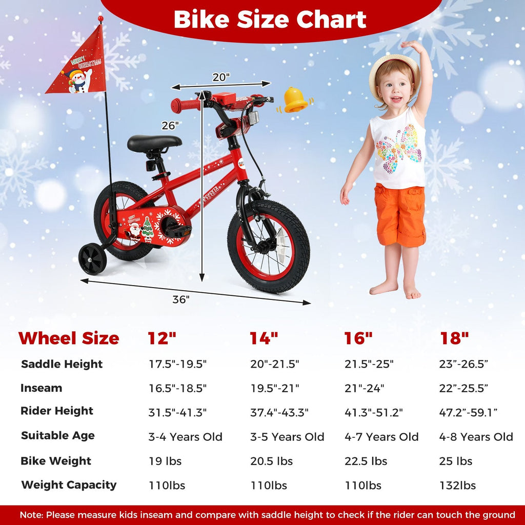 12 Inch Kids Bike with Front V Brake, Speaker and Training Wheels, Red