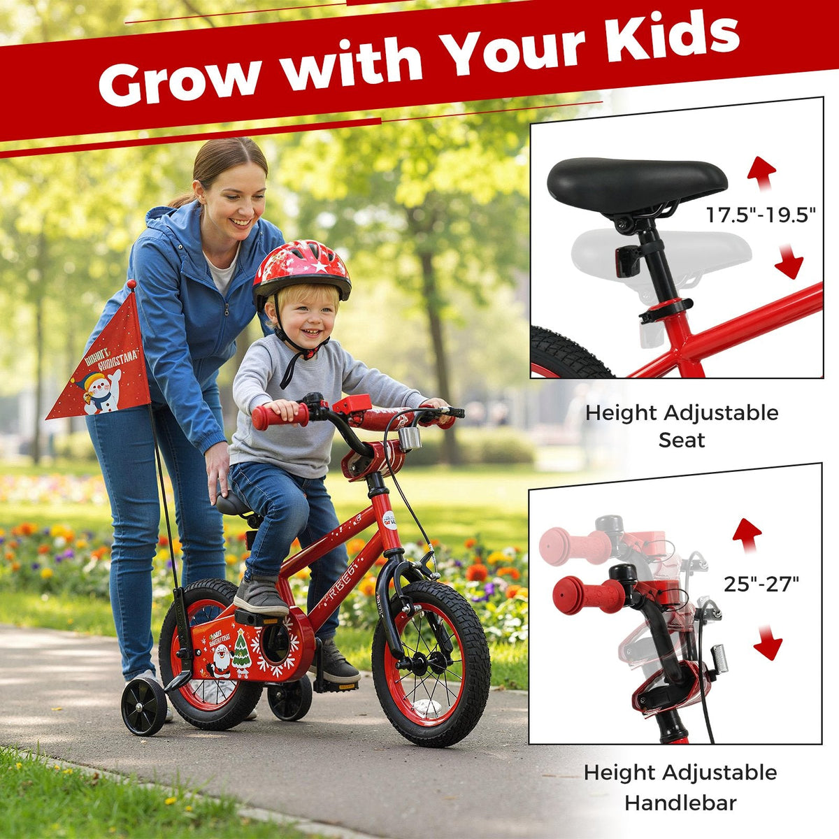 12 Inch Kids Bike with Front V Brake, Speaker and Training Wheels, Red