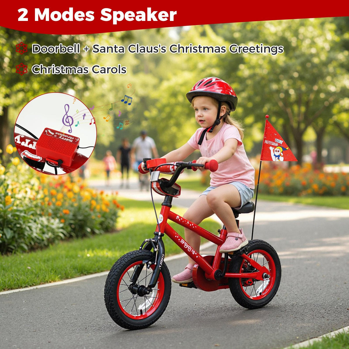 12 Inch Kids Bike with Front V Brake, Speaker and Training Wheels, Red