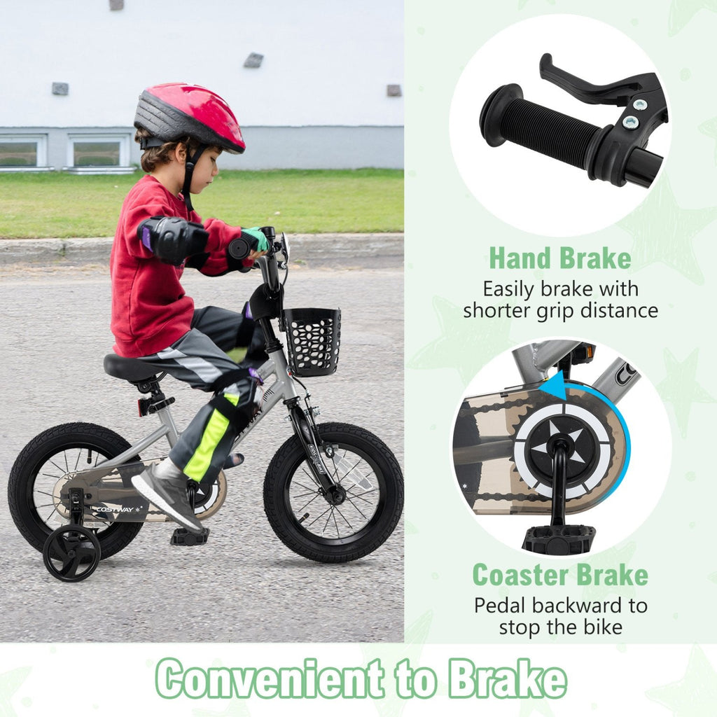 12 Inch Kids Bike with Basket, Bell and Detachable Training Wheels, Silver