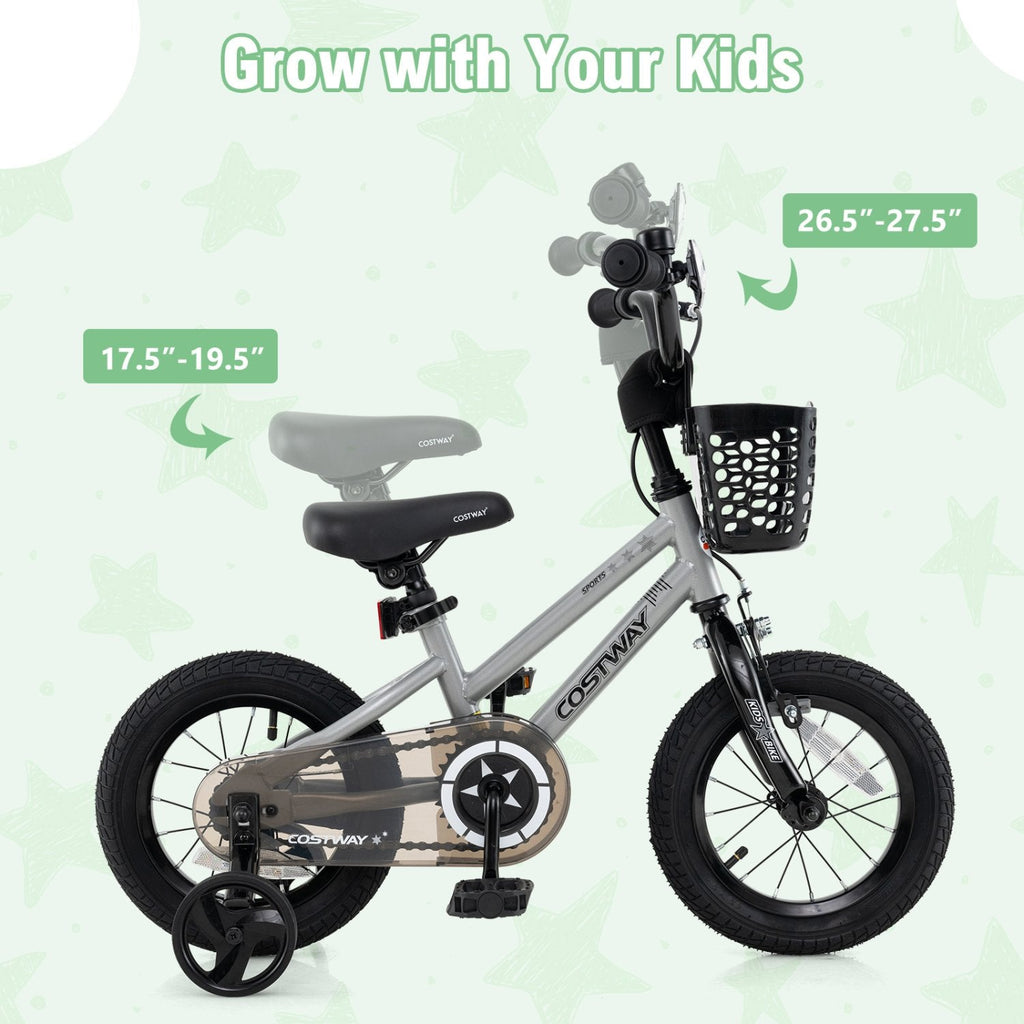 12 Inch Kids Bike with Basket, Bell and Detachable Training Wheels, Silver