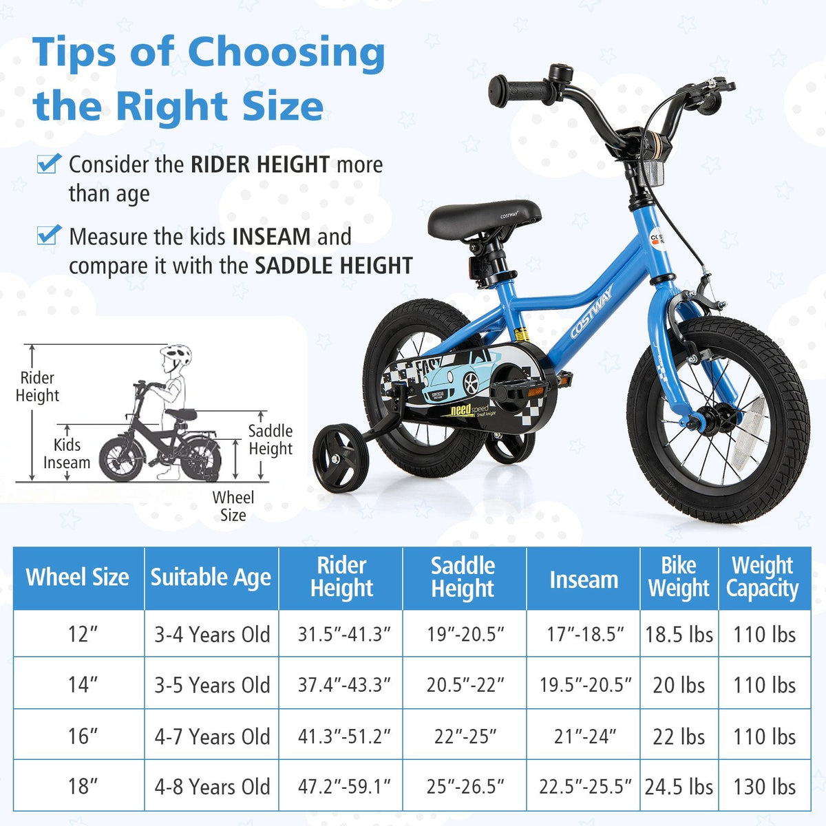 12 Inch Kids Bike with Removable Training Wheels and Air Tires, Blue