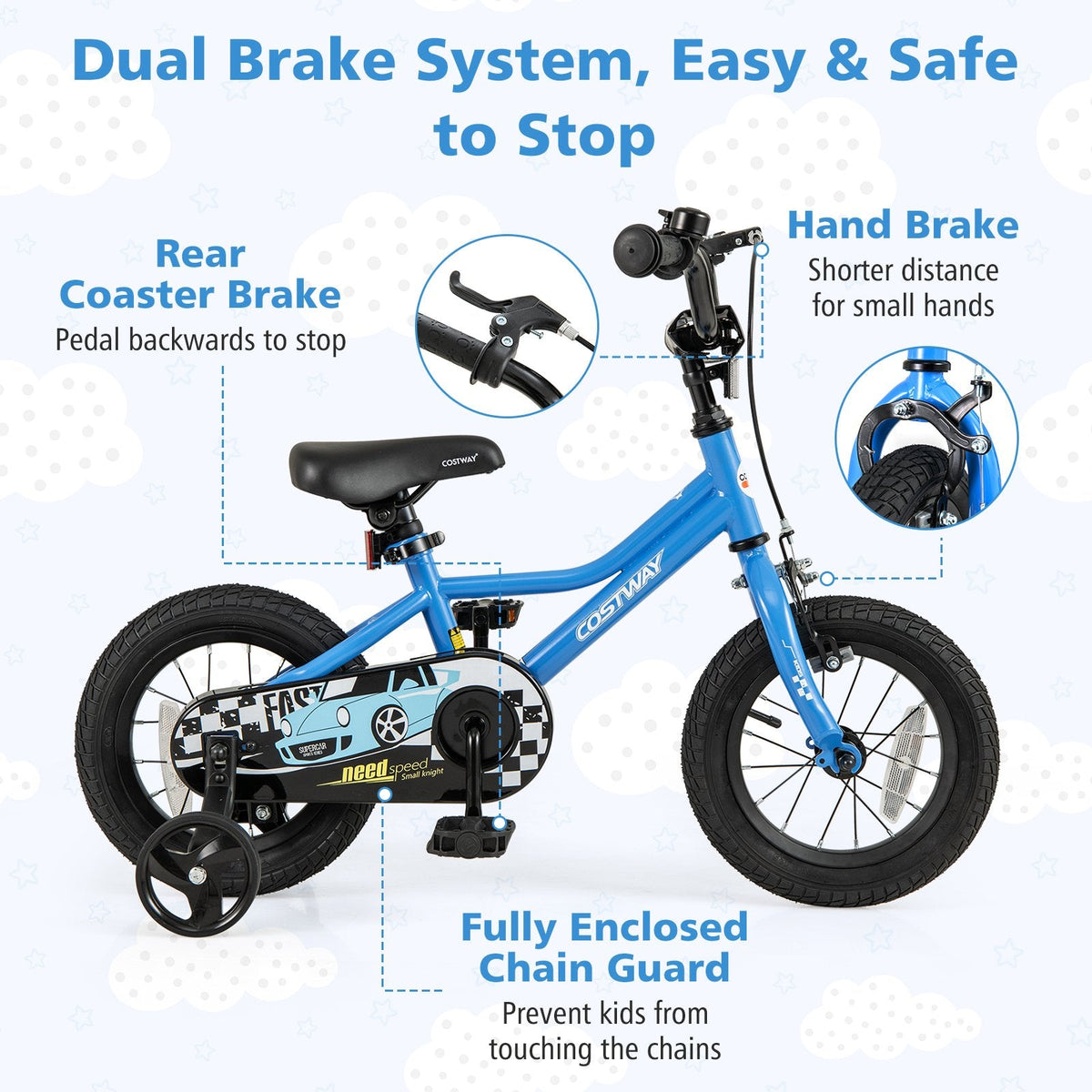 12 Inch Kids Bike with Removable Training Wheels and Air Tires, Blue