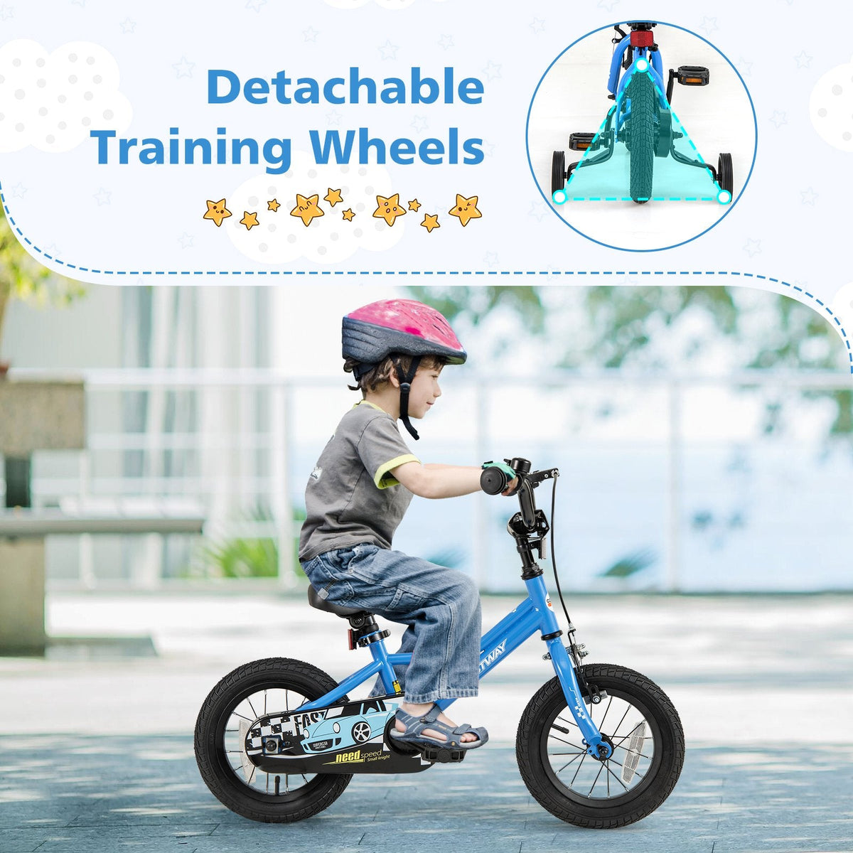 12 Inch Kids Bike with Removable Training Wheels and Air Tires, Blue