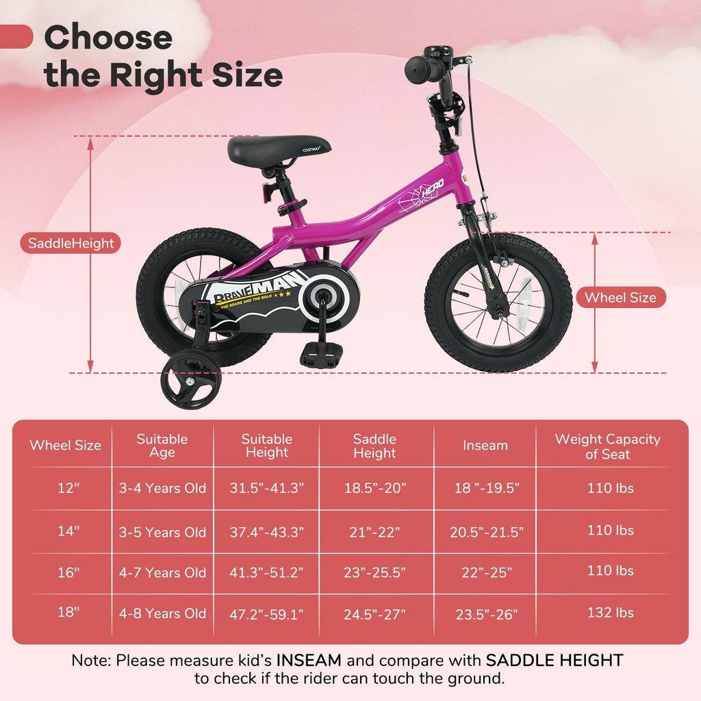 12 Inch Kids Bike with Bell and Removable Training Wheels, Pink
