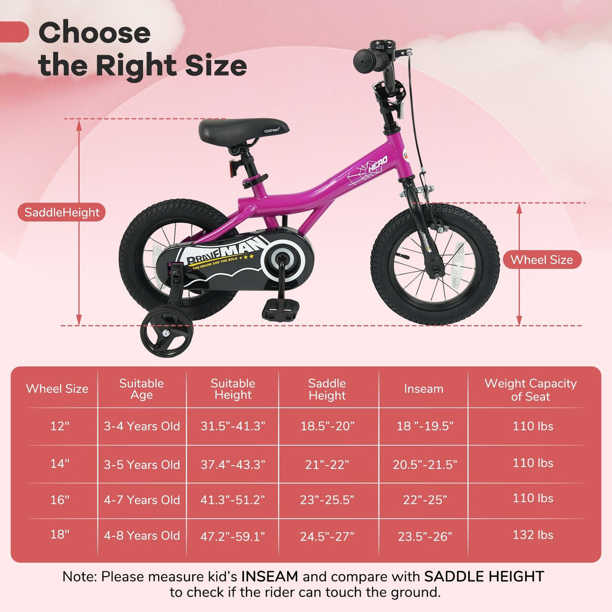 12 Inch Kids Bike with Bell and Removable Training Wheels, Pink