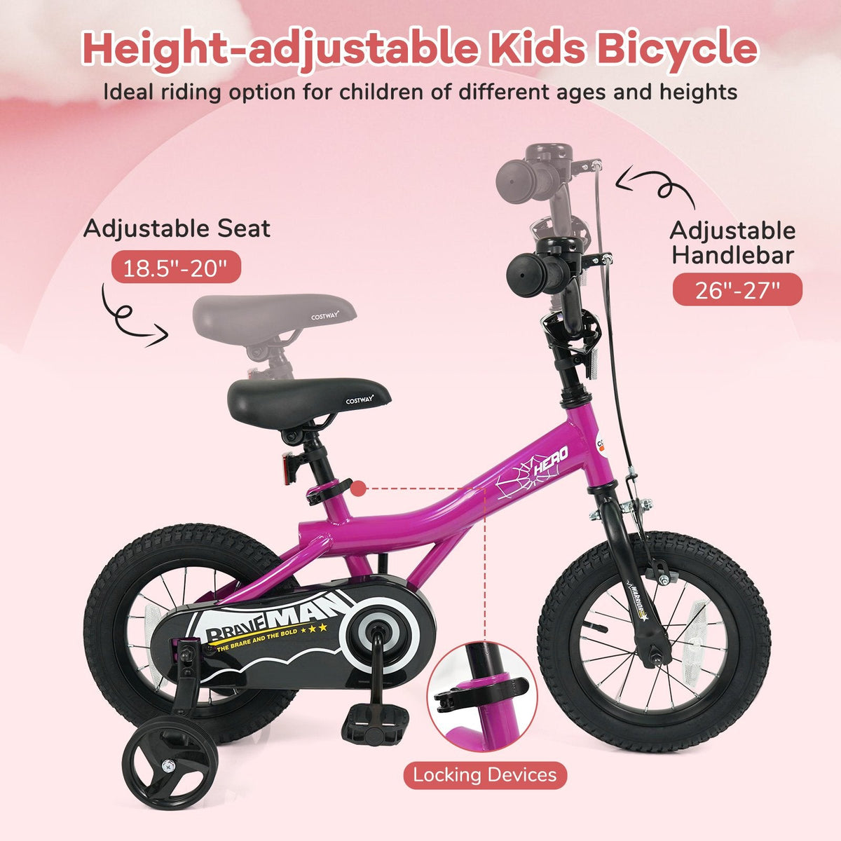 12 Inch Kids Bike with Bell and Removable Training Wheels, Pink