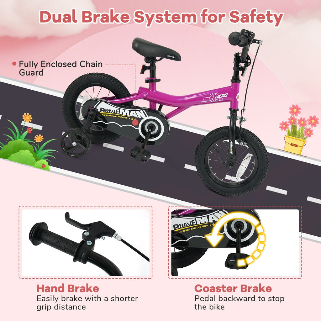 12 Inch Kids Bike with Bell and Removable Training Wheels, Pink