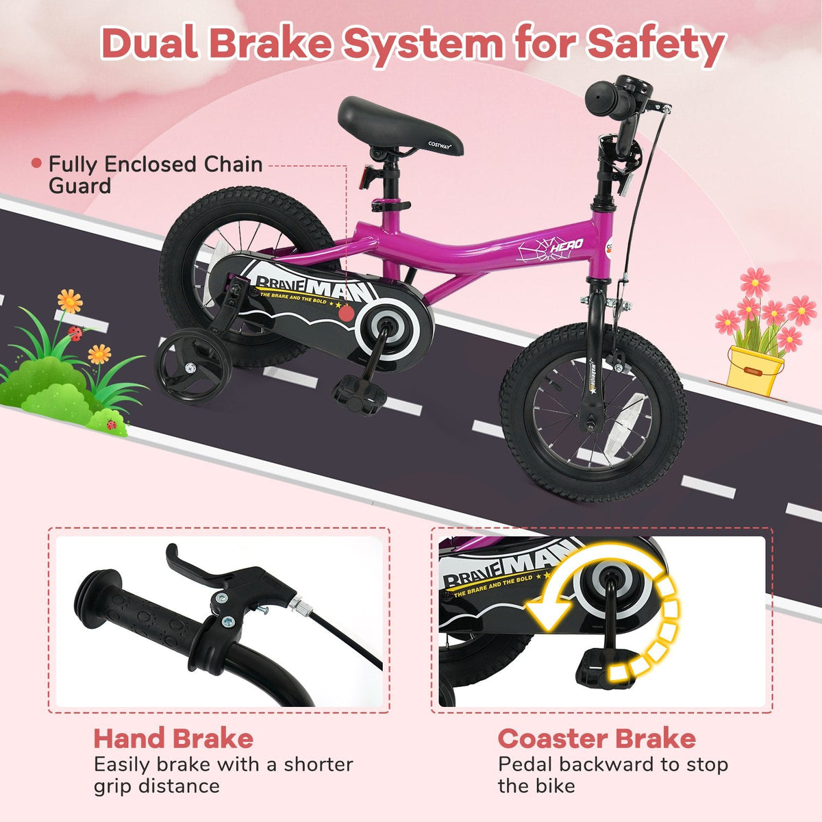 12 Inch Kids Bike with Bell and Removable Training Wheels, Pink