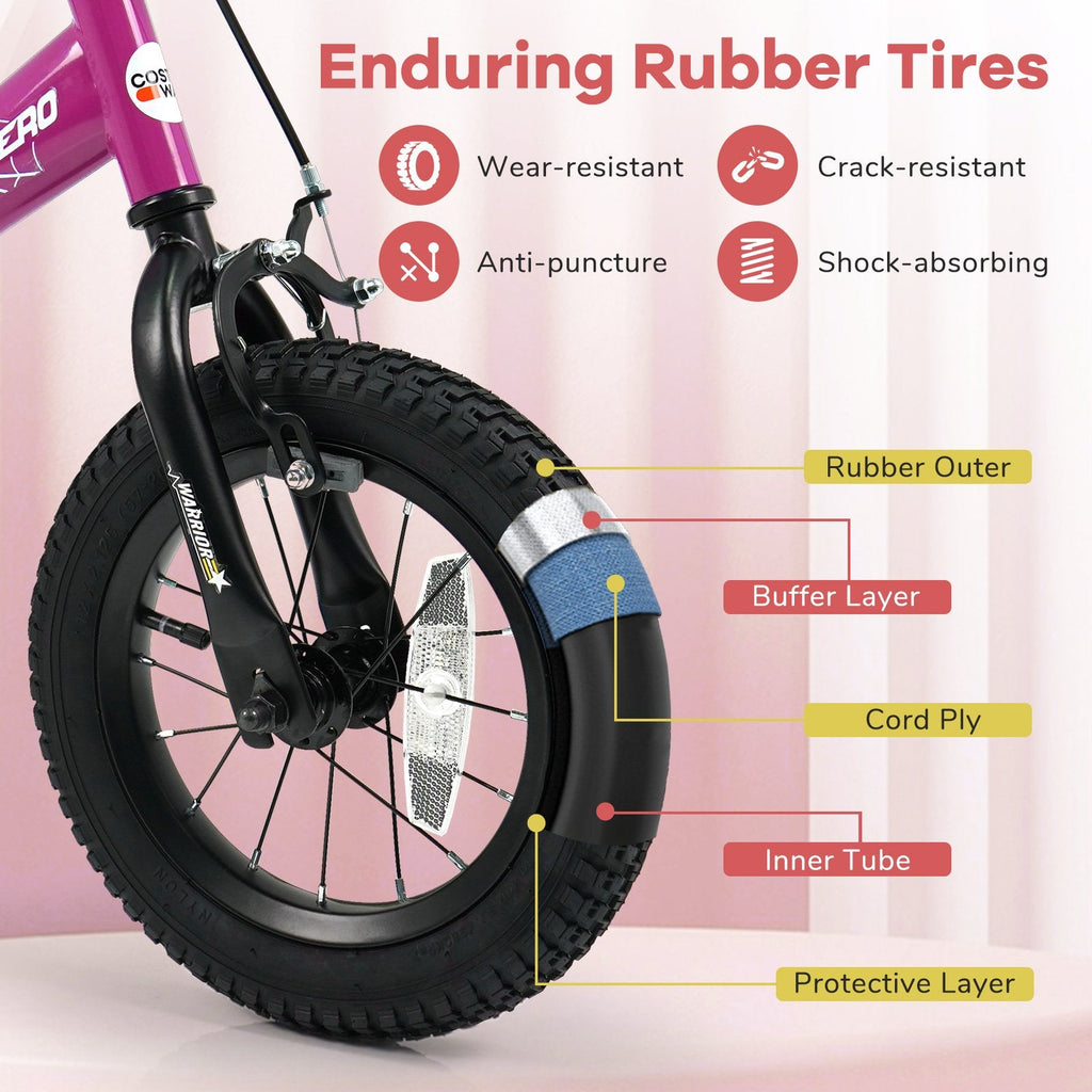 12 Inch Kids Bike with Bell and Removable Training Wheels, Pink