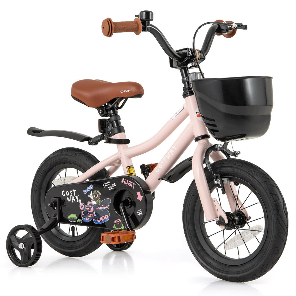 12 Inch Kids Bike with Basket, Bell and Detachable Training Wheels, Pink