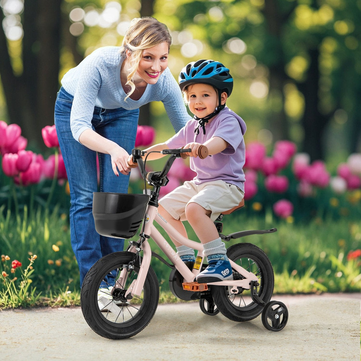 12 Inch Kids Bike with Basket, Bell and Detachable Training Wheels, Pink