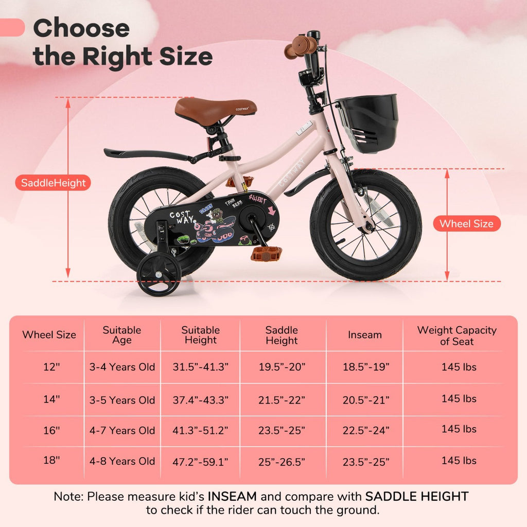 12 Inch Kids Bike with Basket, Bell and Detachable Training Wheels, Pink