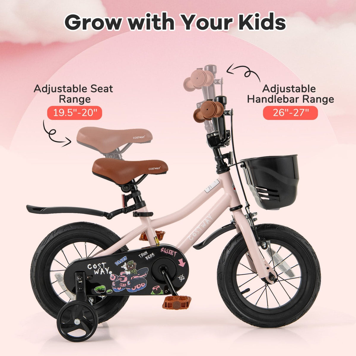12 Inch Kids Bike with Basket, Bell and Detachable Training Wheels, Pink
