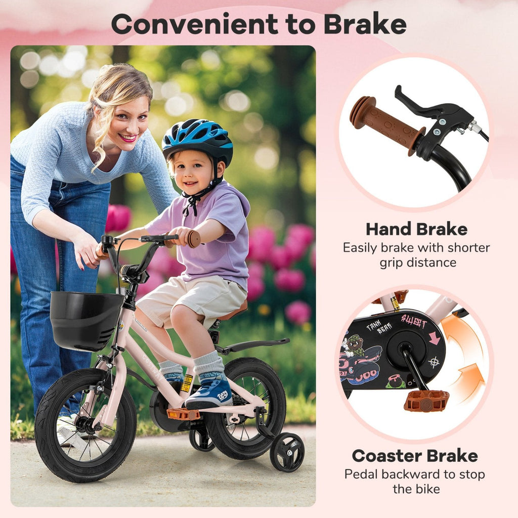 12 Inch Kids Bike with Basket, Bell and Detachable Training Wheels, Pink