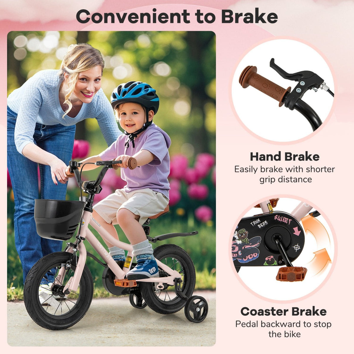 12 Inch Kids Bike with Basket, Bell and Detachable Training Wheels, Pink