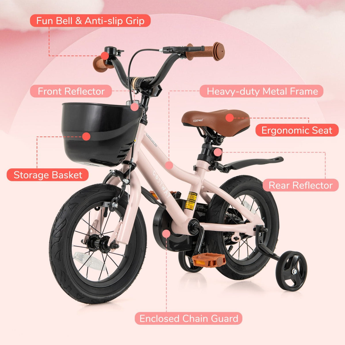 12 Inch Kids Bike with Basket, Bell and Detachable Training Wheels, Pink
