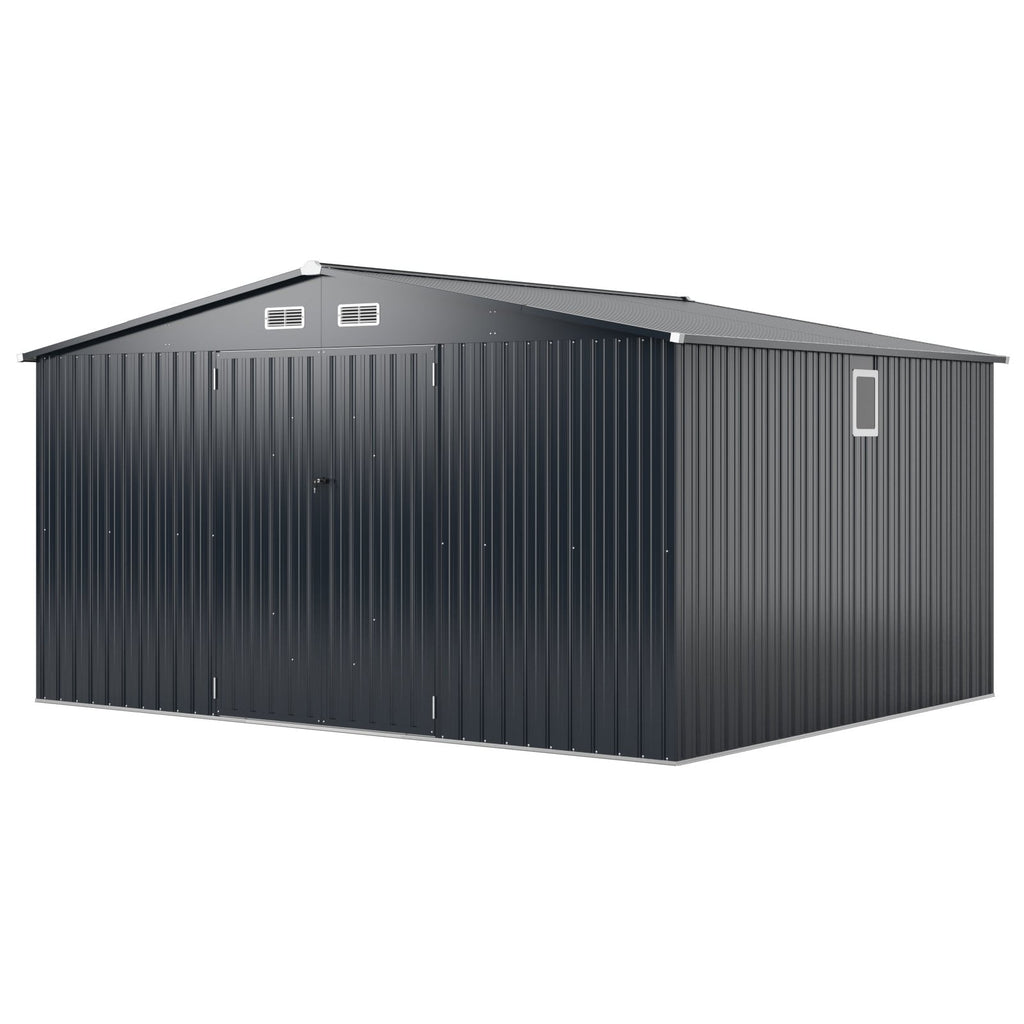 12 x 9.8 Feet Outdoor Storage Shed with Lockable Door and Pitched Roof-Gray