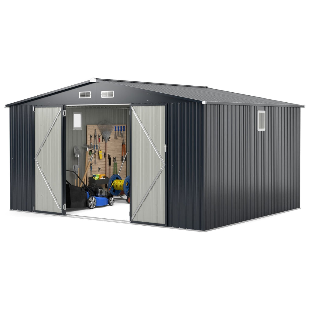 12 x 9.8 Feet Outdoor Storage Shed with Lockable Door and Pitched Roof-Gray