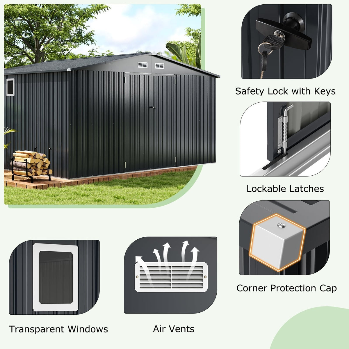12 x 9.8 Feet Outdoor Storage Shed with Lockable Door and Pitched Roof-Gray