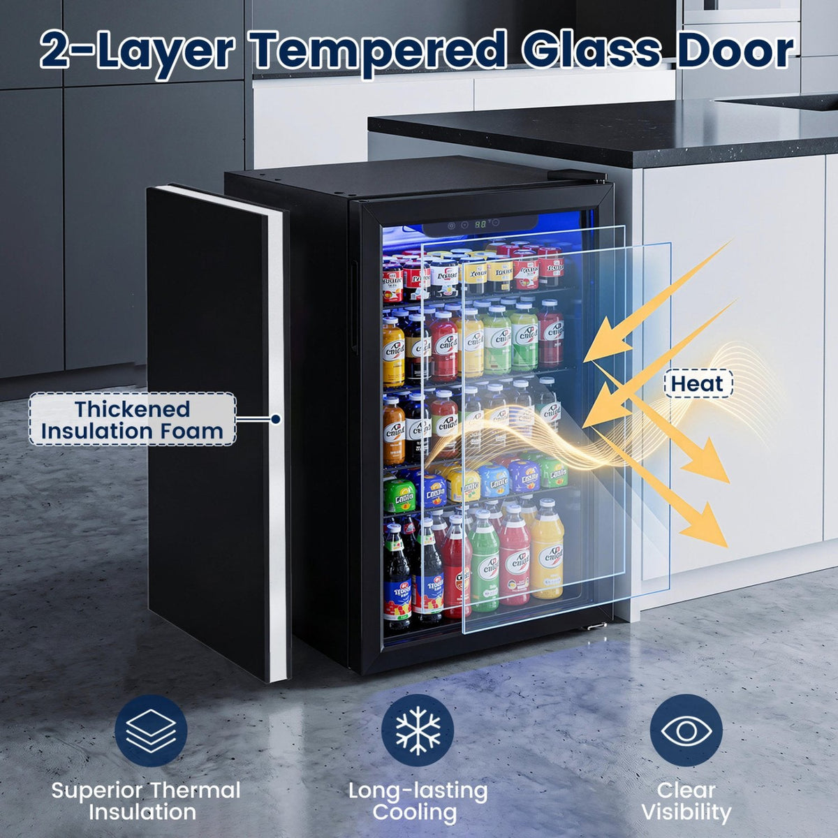 Compact Beverage Refrigerator with Glass Door and 4 Adjustable Shelves