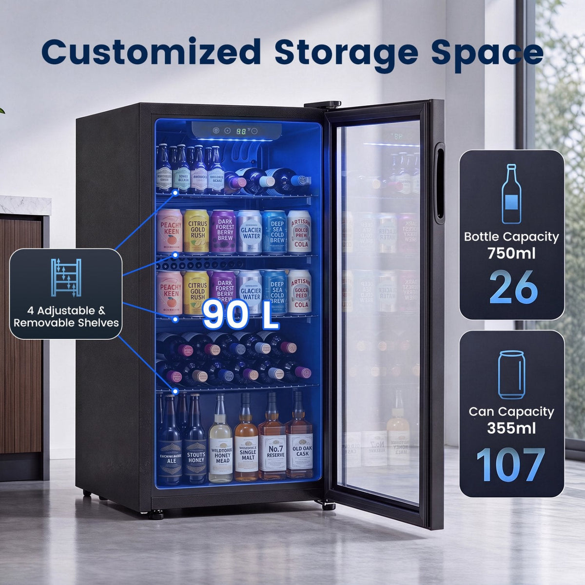 Compact Beverage Refrigerator with Glass Door and 4 Adjustable Shelves