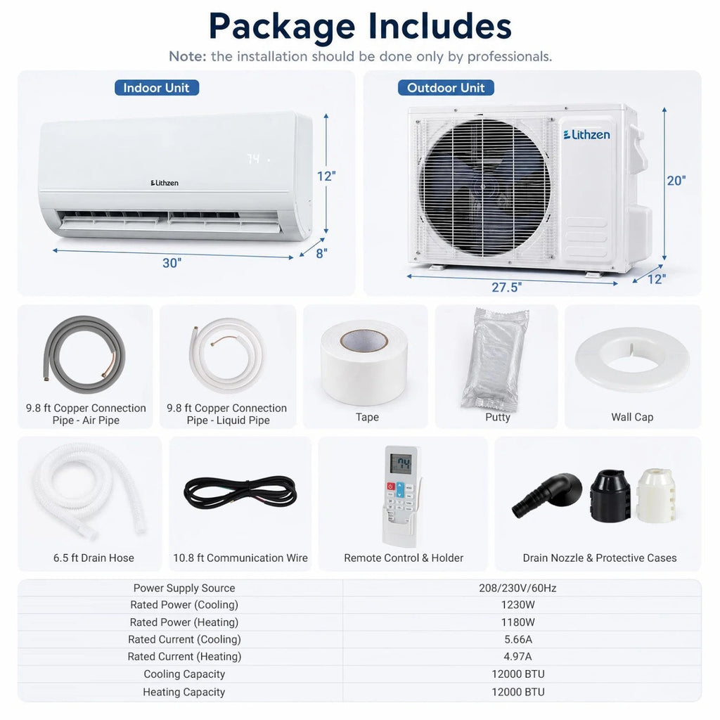 Lithzen 12000 BTU 208-230V 17 SEER2 Mini Split Air Conditioner and Heater WiFi Enabled