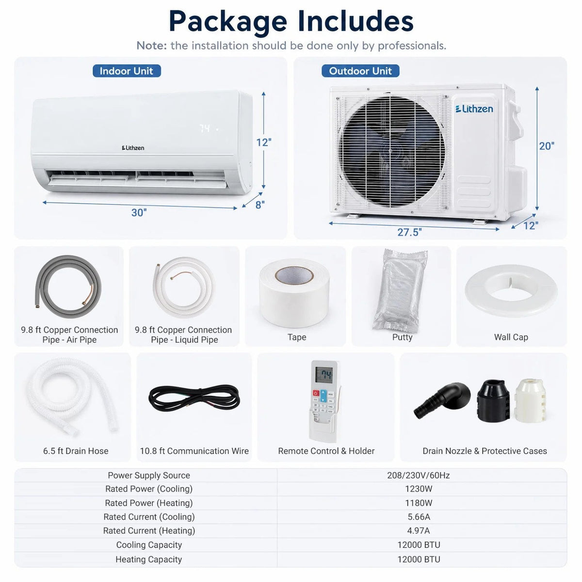 Lithzen 12000 BTU 208-230V 17 SEER2 Mini Split Air Conditioner and Heater WiFi Enabled