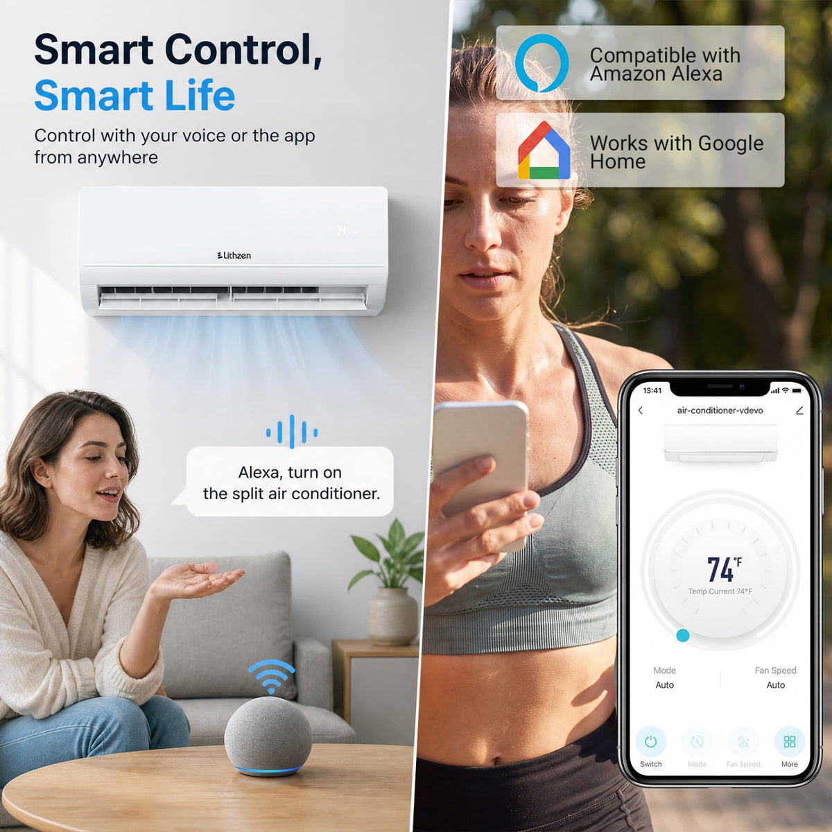 Lithzen 12000 BTU 208-230V 17 SEER2 Mini Split Air Conditioner and Heater WiFi Enabled