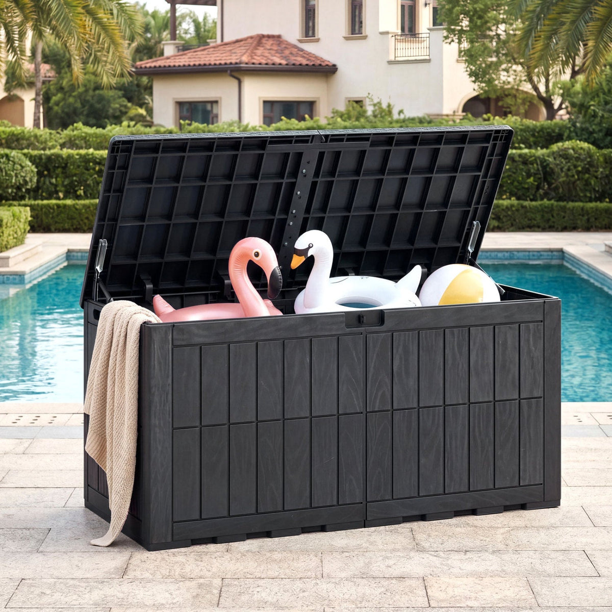 120 Gal Outdoor Deck Box with Lid and Handles for Garden Tools-Black