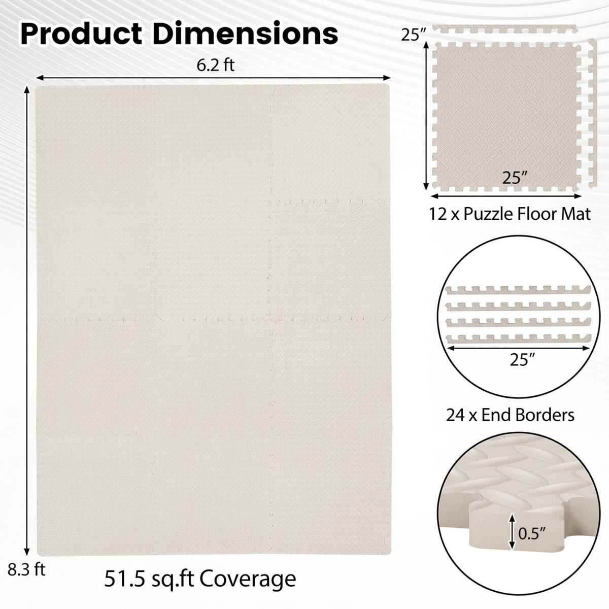 12Tiles 1/2 inches Puzzle Exercise Floor Mats-Beige