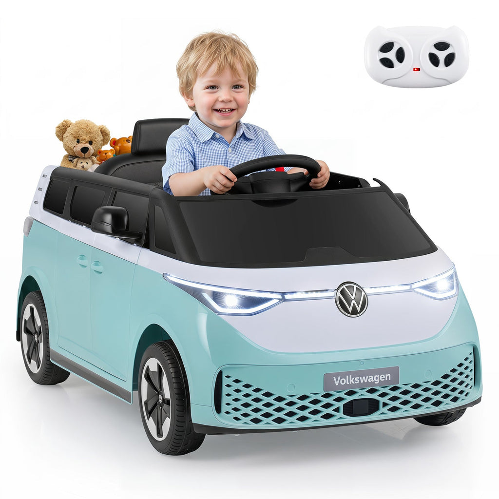 12V Licensed Volkswagen Kids Ride On Bus with 1 mph Remote Low Speed, Dual 35W Motors, Lockable Doors and Belt, Blue