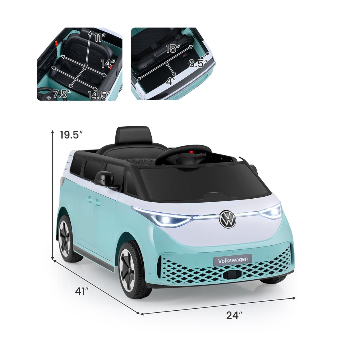 12V Licensed Volkswagen Kids Ride On Bus with 1 mph Remote Low Speed, Dual 35W Motors, Lockable Doors and Belt, Blue