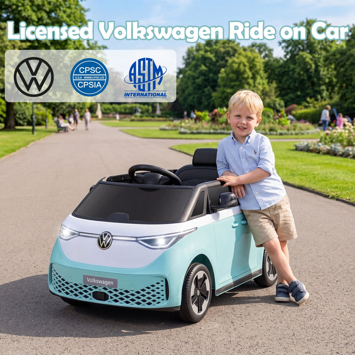 12V Licensed Volkswagen Kids Ride On Bus with 1 mph Remote Low Speed, Dual 35W Motors, Lockable Doors and Belt, Blue