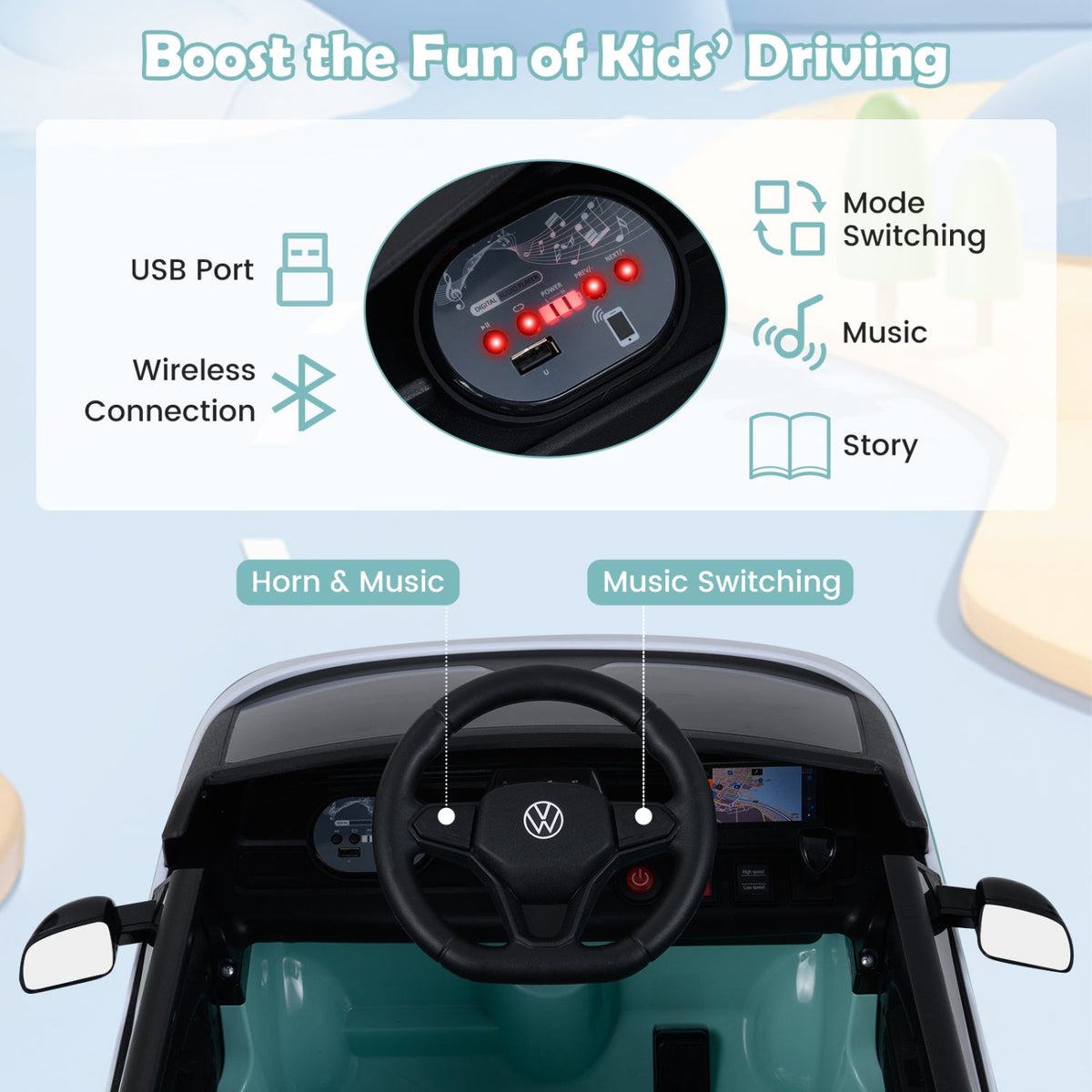 12V Licensed Volkswagen Kids Ride On Bus with 1 mph Remote Low Speed, Dual 35W Motors, Lockable Doors and Belt, Blue