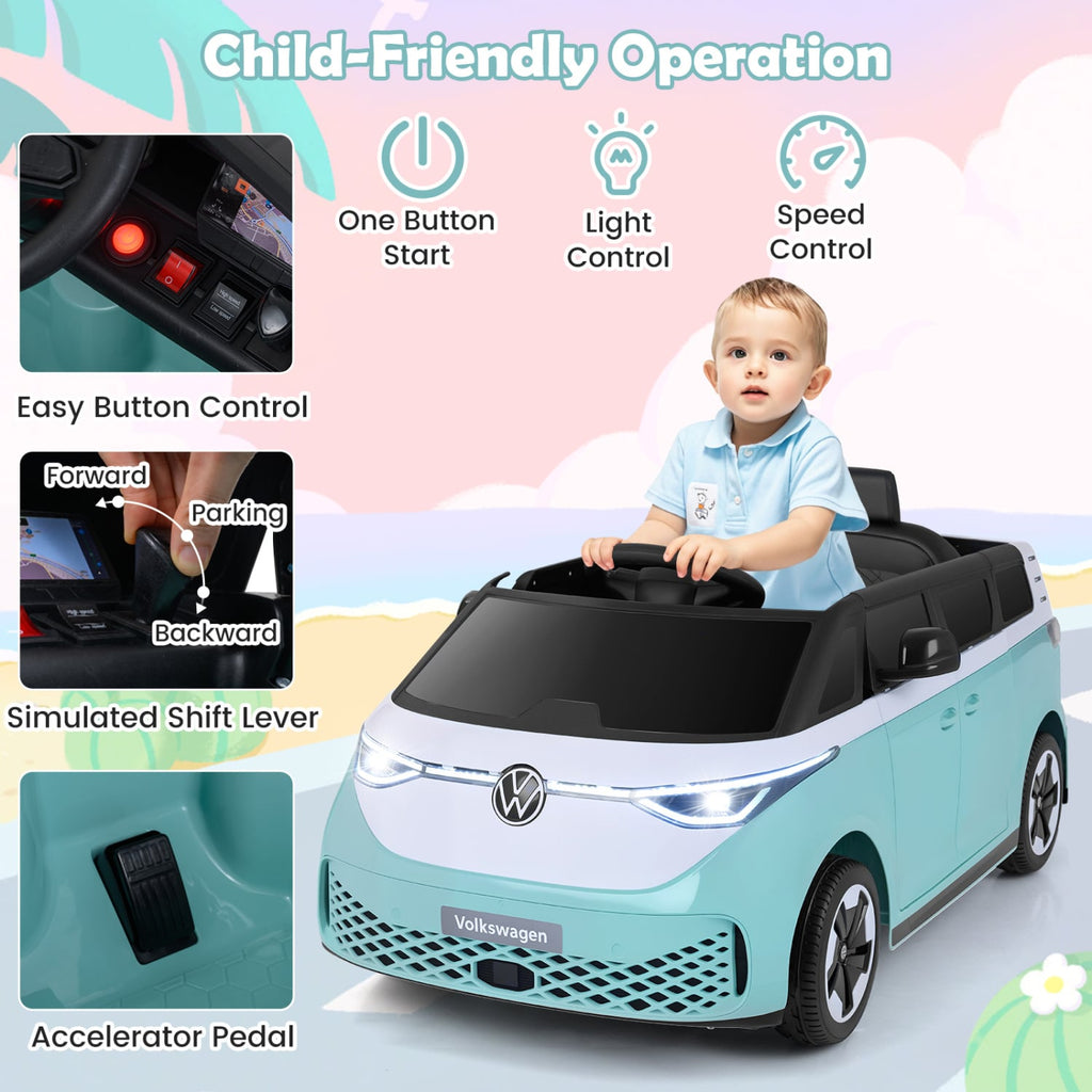 12V Licensed Volkswagen Kids Ride On Bus with 1 mph Remote Low Speed, Dual 35W Motors, Lockable Doors and Belt, Blue