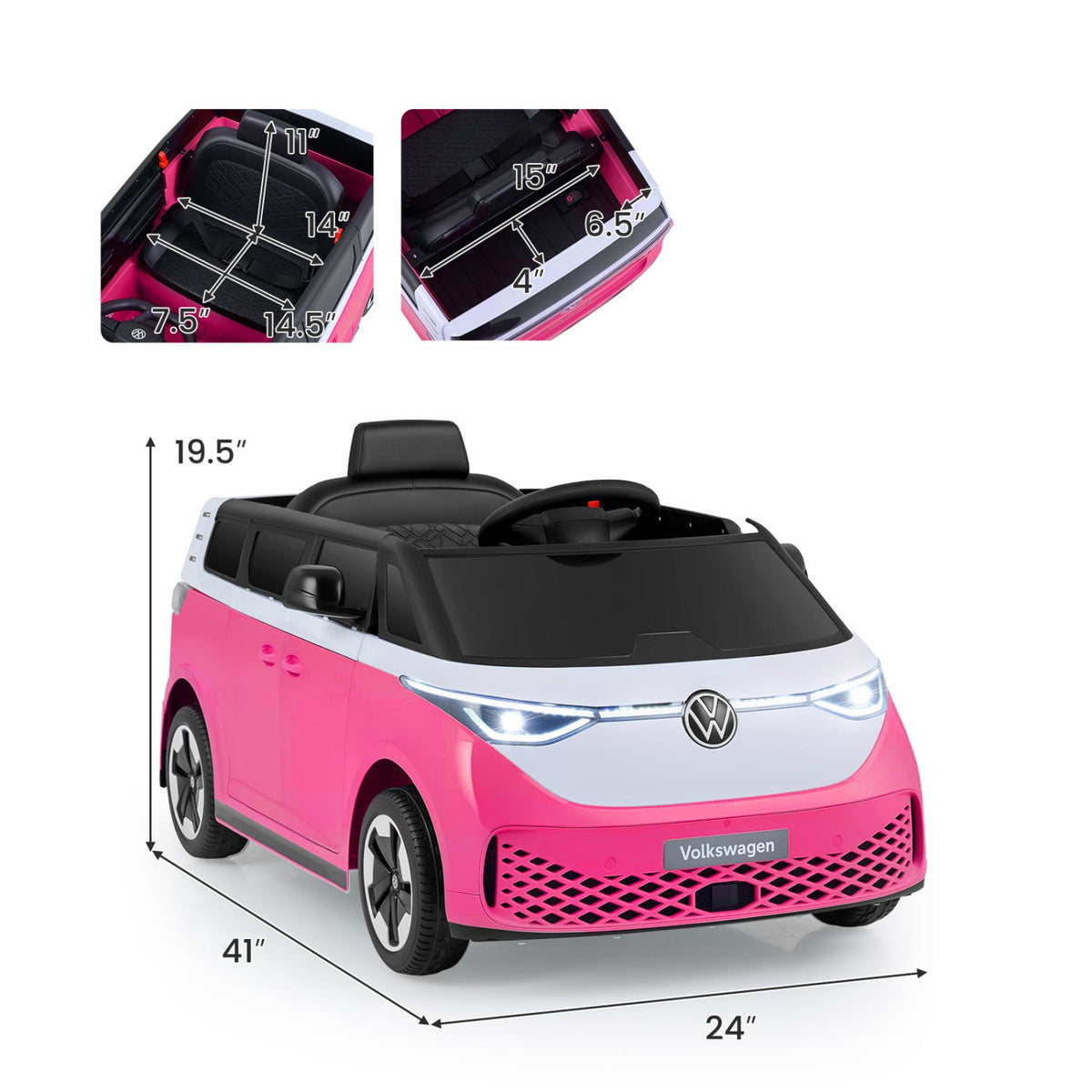 12V Licensed Volkswagen Kids Ride On Bus with Rear Storage, Mirrors, LED Headlights and 2.4G Parent Remote, Pink