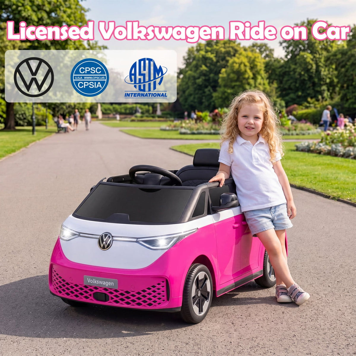 12V Licensed Volkswagen Kids Ride On Bus with Rear Storage, Mirrors, LED Headlights and 2.4G Parent Remote, Pink