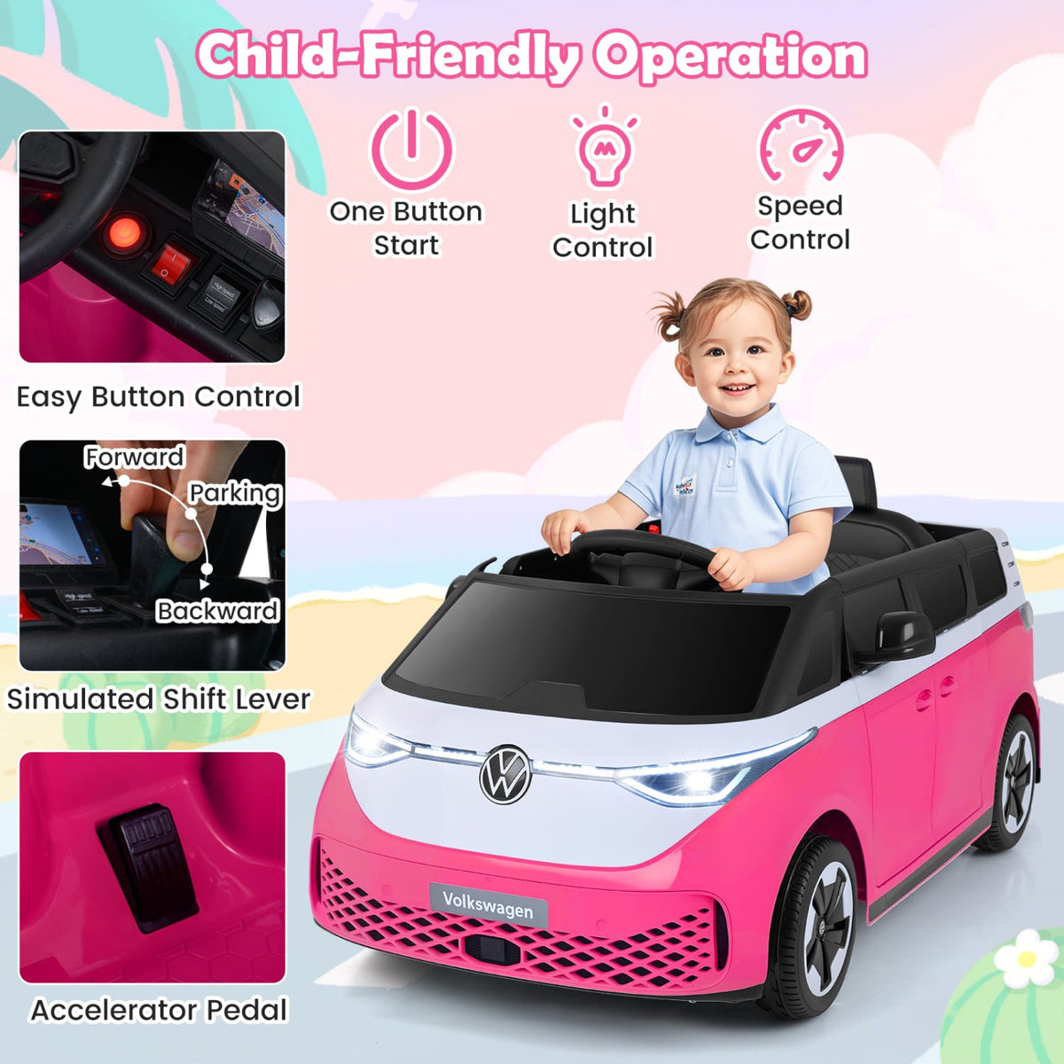12V Licensed Volkswagen Kids Ride On Bus with Rear Storage, Mirrors, LED Headlights and 2.4G Parent Remote, Pink