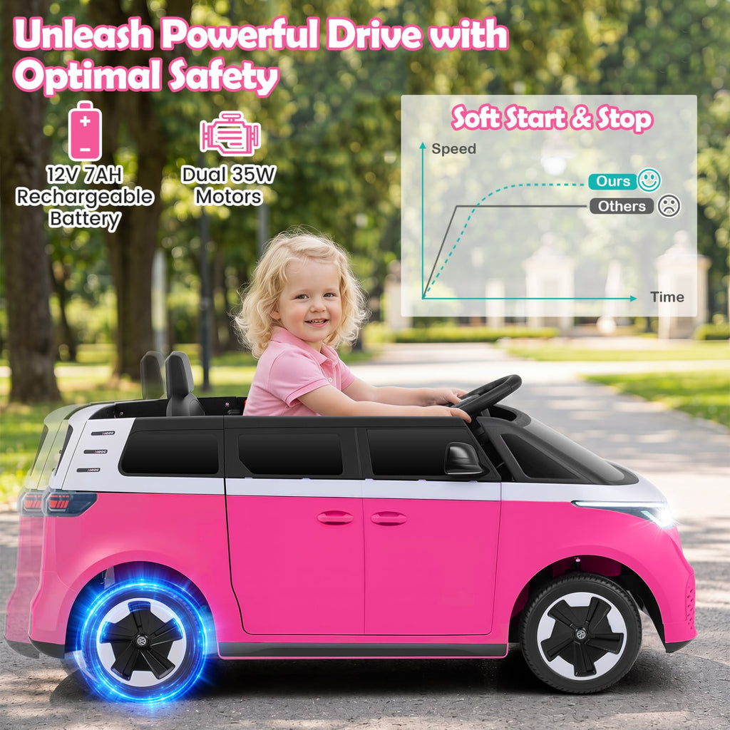 12V Licensed Volkswagen Kids Ride On Bus with Rear Storage, Mirrors, LED Headlights and 2.4G Parent Remote, Pink