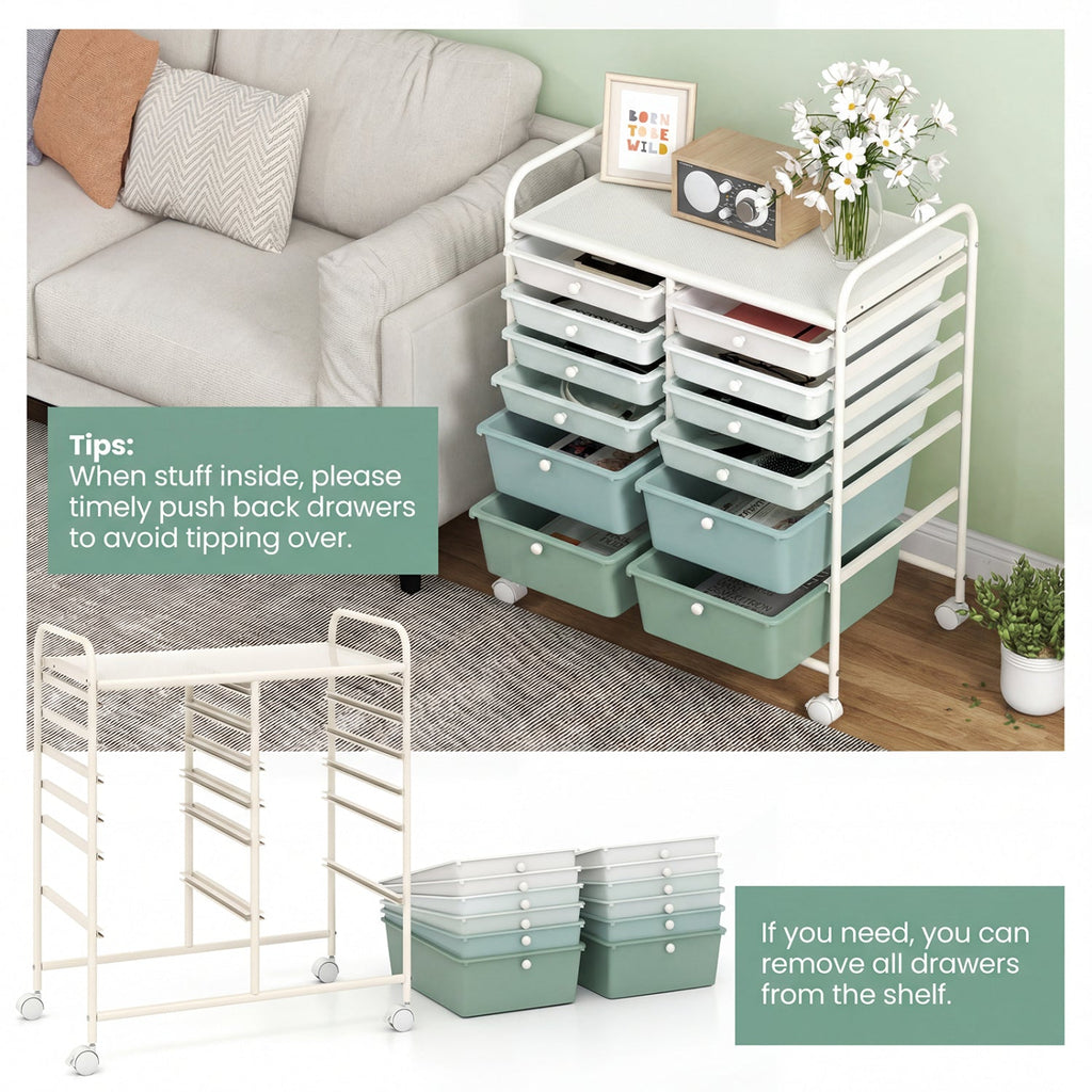 12-Drawer Rolling Storage Cart with Removable Drawers and Lockable Wheels-Green Gradient