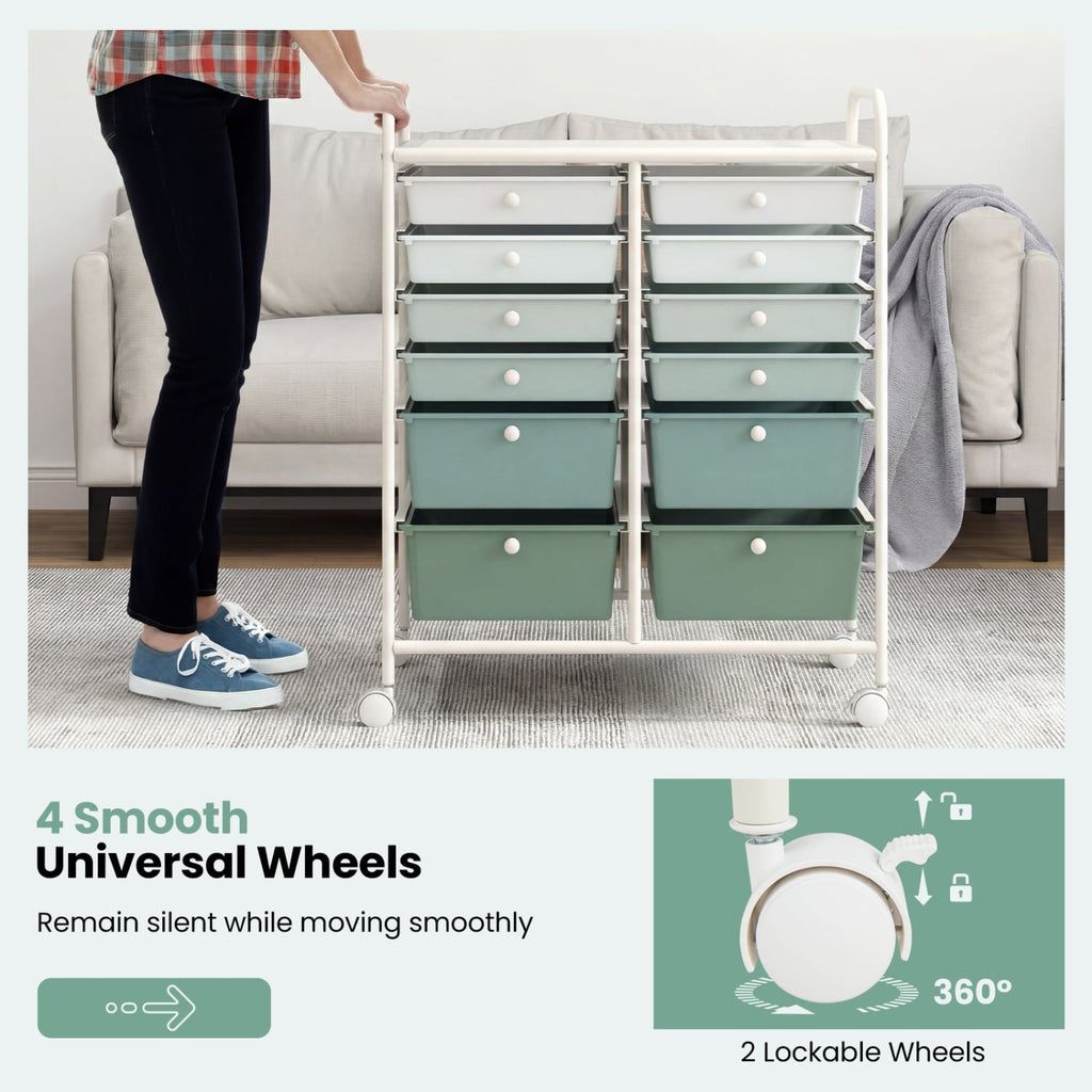 12-Drawer Rolling Storage Cart with Removable Drawers and Lockable Wheels-Green Gradient