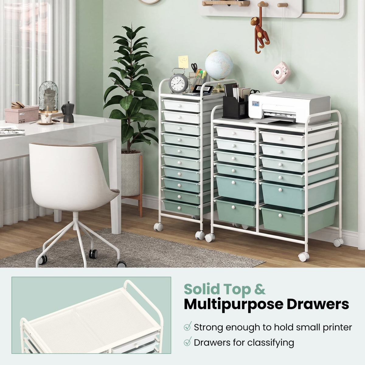 12-Drawer Rolling Storage Cart with Removable Drawers and Lockable Wheels-Green Gradient