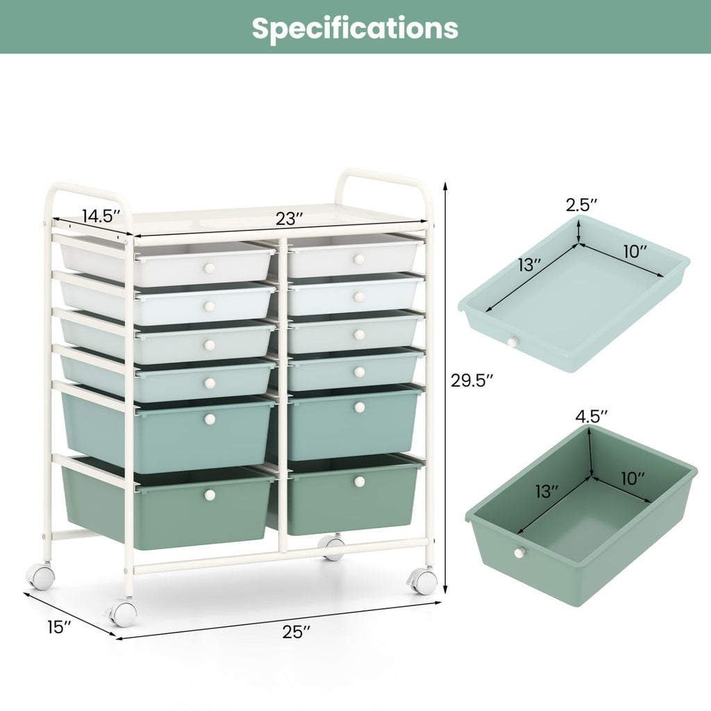 12-Drawer Rolling Storage Cart with Removable Drawers and Lockable Wheels-Green Gradient