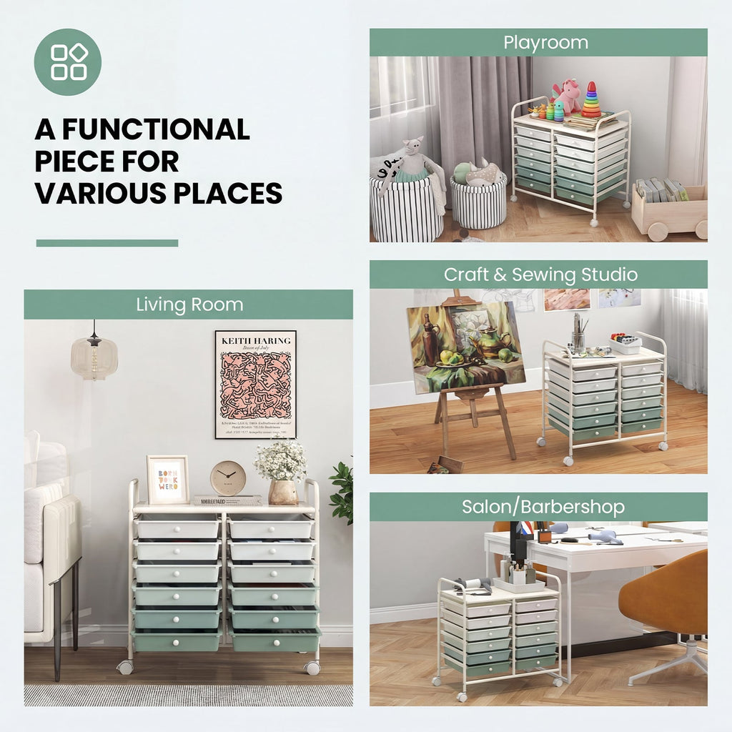 12 Drawers Rolling Storage Cart for Home and Office-Green Gradient