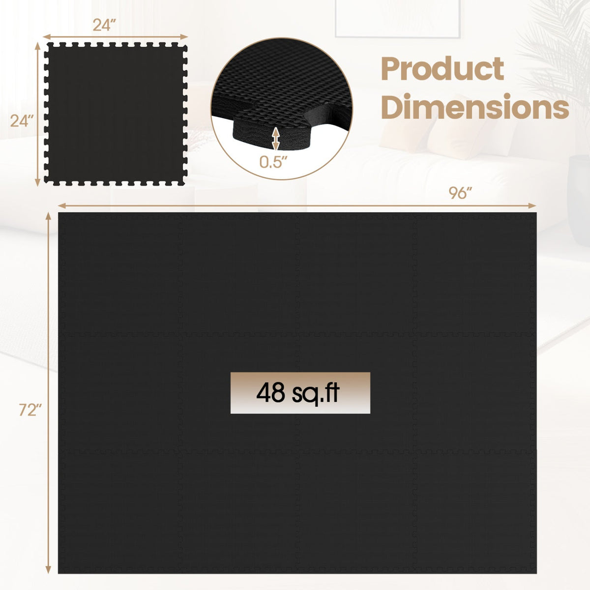 12 Pack Non-Slip Protective Interlocking EVA Foam Floor Tiles-Black